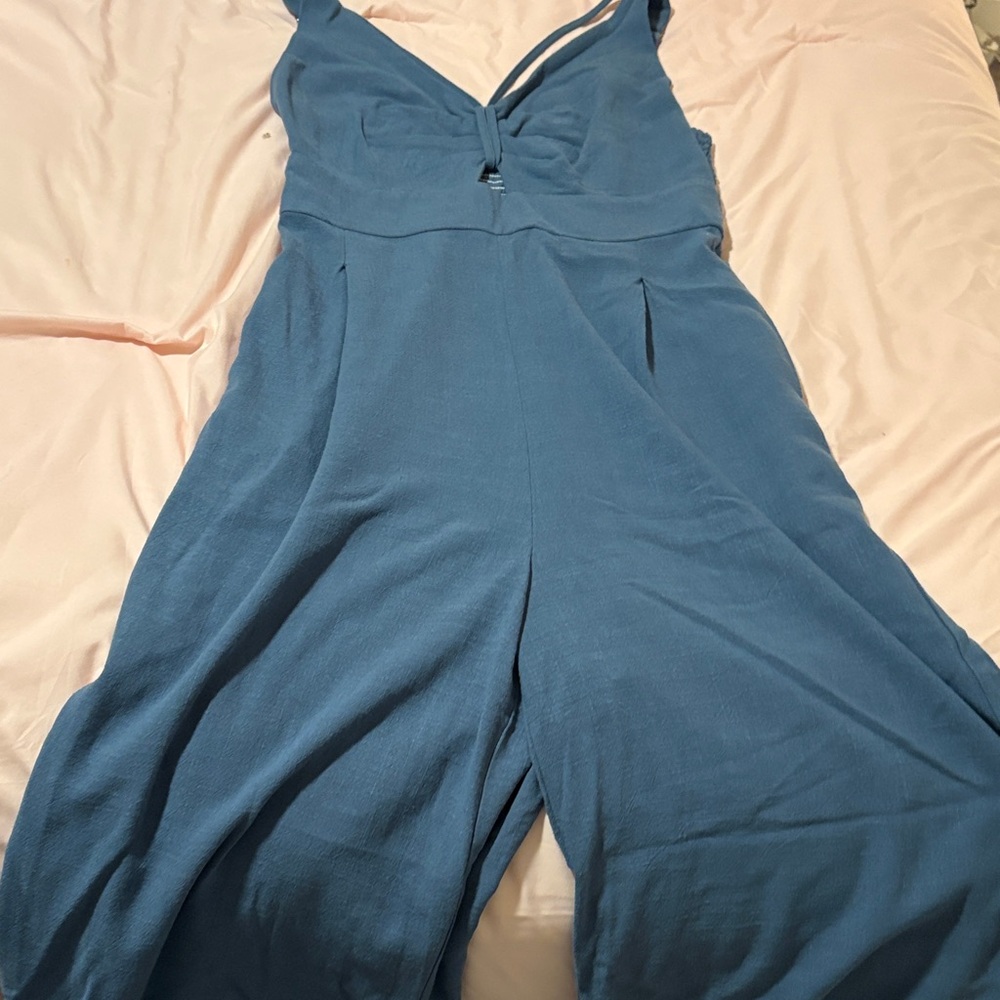 Blue V-Neck Wide-Leg Jumpsuit
